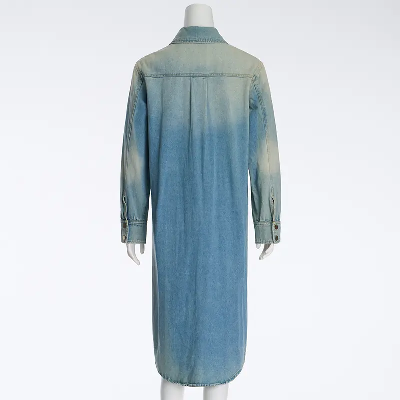 Modern Retro Washed Workwear Denim Long Trench Coat For Women