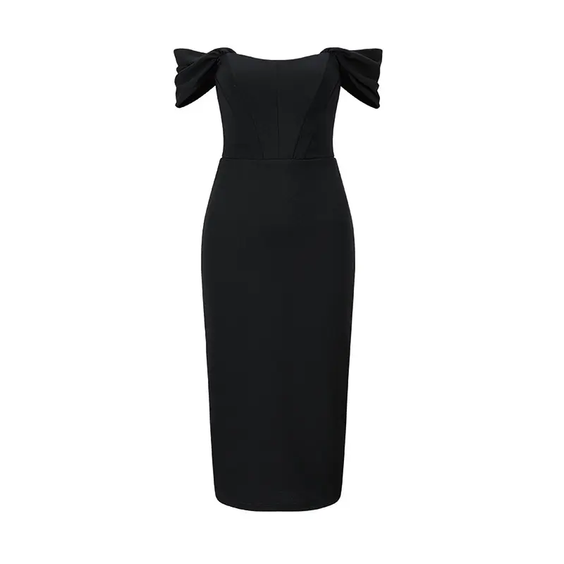 Knit Fabric Woven's Black Off The Shoulder Dress (1)